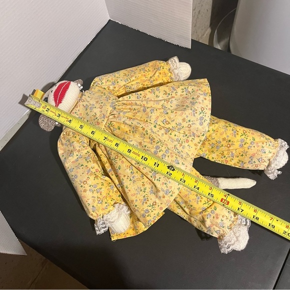 Vintage Handmade Female Girl Sock Monkey Doll With Yellow Dress And Earrings - Picture 8 of 8